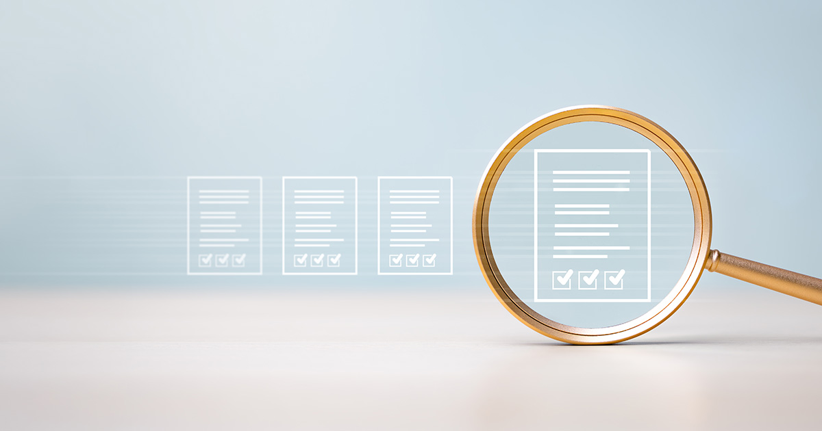 Magnifying glass checklist for document management. Magnifying glass checkmark approved.
